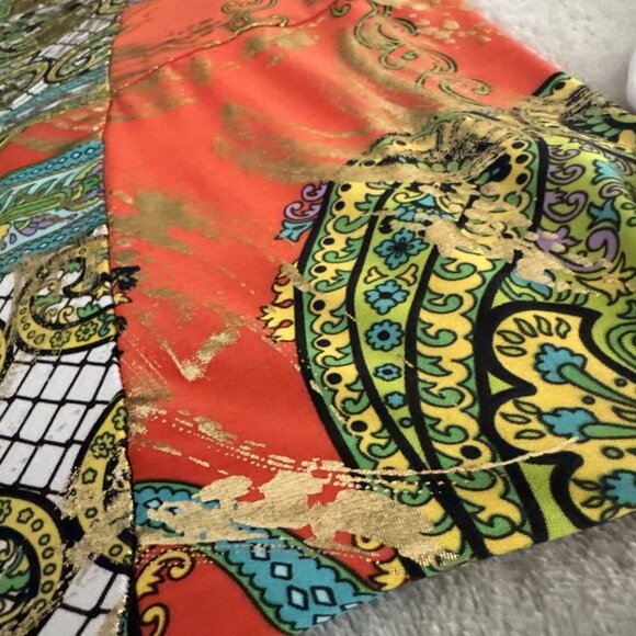 Women’s Flowy Palazzo Pants Sz L Multicolor And Gold Shiny Pull on Metallic - Picture 7 of 12